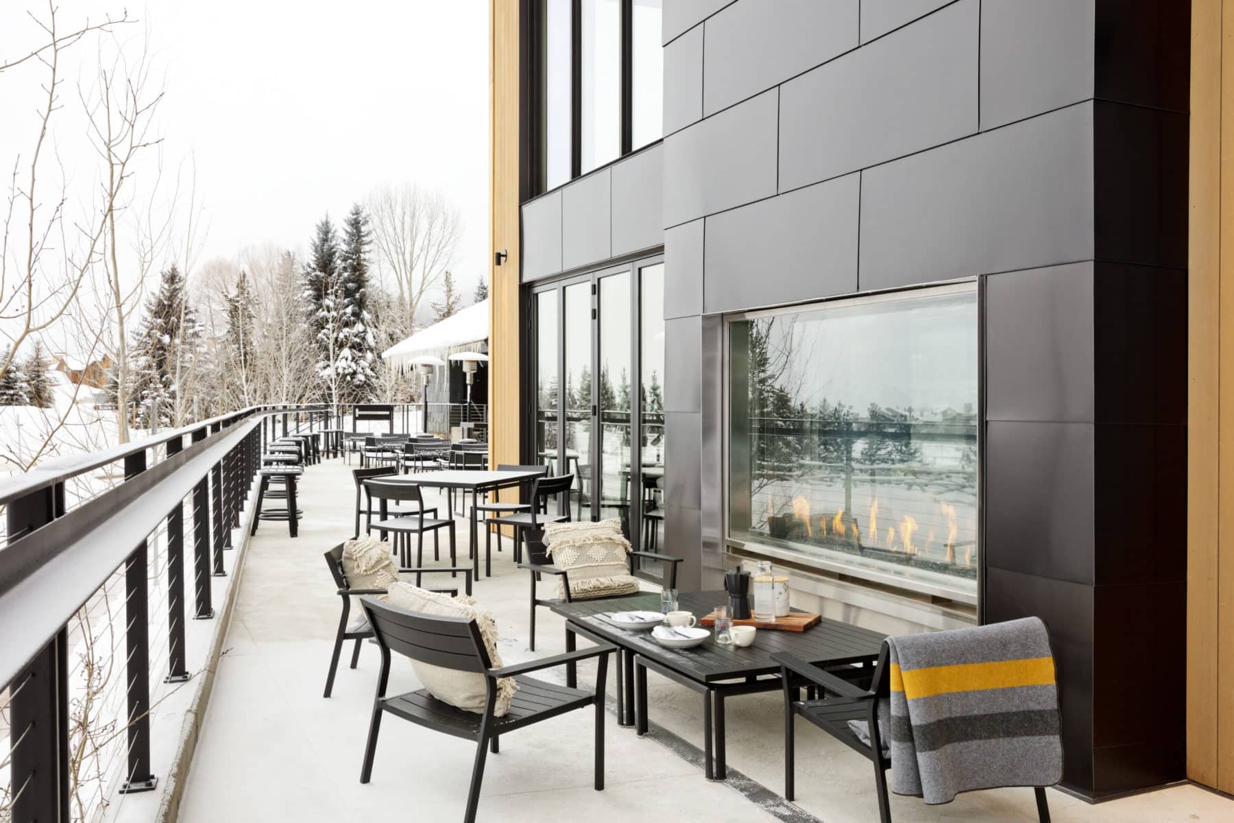 Outdoor seating near fireplace