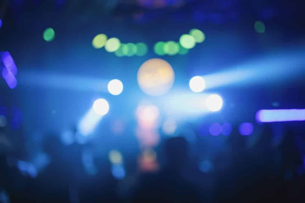 Blur, bokeh, lights and tourists in pubs at night.